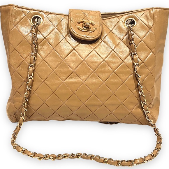 CHANEL Handbags - CHANEL Supermodel Vintage leather bag, quilted, chain double straps, tan, 8”x11”